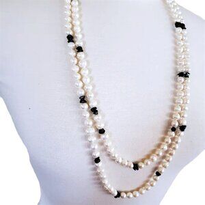 Long Rope Length Freshwater Pearl And Black Gemstone Necklace